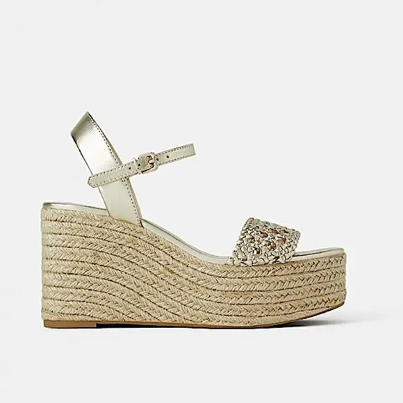Zara Braided Gold Platform Wedge Esapadrille - Picture 2 of 12
